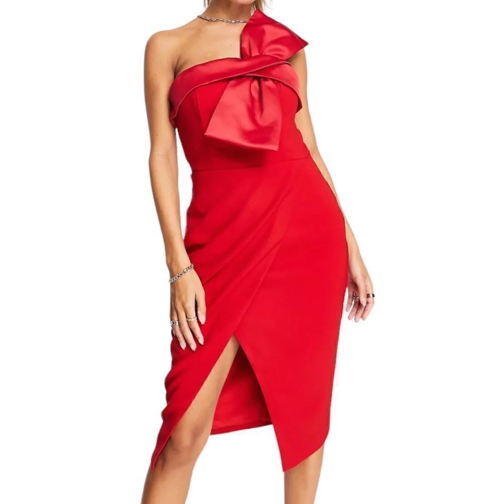 Lavis Alice Red Emily Bandeau Bow Detail Midi Dress New Size 8